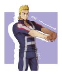  1boy :o blonde_hair blue_eyes boku_no_hero_academia cropped_legs highres jacket mahoubin_(totemo_hot_dayo) male_focus own_hands_together pants pectorals short_hair short_sleeves sideburns solo spiky_hair stretch togata_mirio toned toned_male track_jacket track_pants 