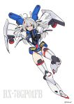  1girl ahoge beam_rifle black_gloves boots character_name energy_gun floating floating_hair gloves grey_hair gun gundam gundam_0083 gundam_gp-01_full_vernian_zephyranthes highres holding holding_gun holding_weapon i.takashi mecha_musume open_mouth personification sketch solo thigh-highs thigh_boots v-shaped_eyebrows violet_eyes weapon white_background 