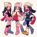  3girls absurdres bag beanie black_hair black_legwear blush_stickers boots chueog closed_mouth coat hikari_(pokemon) dress duffel_bag eyelashes female_protagonist_(pokemon_legends:_arceus) grey_eyes hair_ornament hairclip hat head_scarf highres holding holding_poke_ball long_hair long_sleeves looking_at_viewer multiple_girls over-kneehighs pink_footwear poke_ball poke_ball_(legends) pokemon pokemon_(game) pokemon_dppt pokemon_legends:_arceus pokemon_platinum red_coat red_scarf sash scarf short_dress sidelocks smile socks standing thigh-highs white_bag white_headwear white_legwear white_scarf 