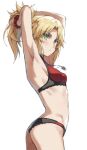  1girl armpits arms_behind_head arms_up ass bangs black_panties blonde_hair bra braid breasts fate/apocrypha fate_(series) french_braid green_eyes hair_ornament hair_scrunchie highres long_hair looking_at_viewer mordred_(fate) mordred_(fate)_(all) panties parted_bangs ponytail red_bra scrunchie sidelocks small_breasts tonee tying_hair underwear 