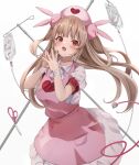  1girl :d absurdres apron bandaged_wrist bandages bangs blush butterfly_hair_ornament fang hair_ornament hat heart heart_print higashigure highres intravenous_drip iv_stand light_brown_hair long_hair long_skirt nail_polish natori_sana nurse nurse_cap open_mouth pink_apron pink_headwear puffy_short_sleeves puffy_sleeves red_eyes red_nails sana_channel shirt short_sleeves sidelocks simple_background skirt smile solo steepled_fingers stethoscope two_side_up virtual_youtuber white_background white_shirt 