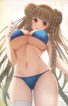  1girl absurdres ass_visible_through_thighs azur_lane bikini blue_bikini braid braided_bun breasts double_bun eyebrows_visible_through_hair formidable_(azur_lane) formidable_(the_lady_of_the_beach)_(azur_lane) from_below highres large_breasts long_hair looking_at_viewer official_alternate_costume platinum_blonde_hair red_eyes shigunyamo simple_background single_thighhigh solo swimsuit swimwear thigh-highs thighs twin_braids very_long_hair white_legwear 