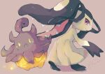  closed_mouth commentary_request eyelashes gen_3_pokemon gen_6_pokemon hand_up highres looking_at_viewer mawile nekozane_chisa no_humans pokemon pokemon_(creature) pumpkaboo signature simple_background smile violet_eyes 