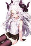  1girl ahoge black_gloves blue_archive blush breasts brown_legwear gloves hair_ornament hairclip highres hina_(blue_archive) horns long_hair looking_at_viewer mou_tama_maru simple_background sitting small_breasts solo thigh-highs violet_eyes white_background white_hair zettai_ryouiki 