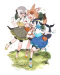  3girls animal_ears bike_shorts black_hair blonde_hair blue_footwear blue_shirt blue_skirt boots brown_footwear brown_shirt brown_skirt collared_shirt commentary_request common_dolphin_(kemono_friends) dhole_(kemono_friends) dog_ears dog_girl dog_tail dolphin_tail dorsal_fin epaulettes eyebrows_visible_through_hair frilled_skirt frills glasses glove_bow gloves grey_hair grey_shirt grey_skirt hat_around_neck helmet high-waist_skirt highres kemono_friends kemono_friends_3 kurokw light_brown_hair matching_outfit meerkat_(kemono_friends) meerkat_ears meerkat_tail multicolored_footwear multicolored_hair multiple_girls neckwear official_alternate_costume orange_footwear pith_helmet shirt short_hair short_sleeves shorts shorts_under_skirt skirt tail two-tone_shirt uniform white_footwear white_gloves white_hair white_shirt 