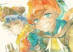  2boys bangs baseball_cap blue_hair cape clenched_teeth closed_mouth collared_shirt dynamax_band earrings eyelashes facial_hair fur-trimmed_cape fur_trim gloves hand_up hat hood hoodie jewelry leon_(pokemon) looking_at_viewer male_focus multiple_boys orange_headwear partially_fingerless_gloves pokemon pokemon_(game) pokemon_swsh raihan_(pokemon) rrrpct shirt smile symbol_commentary teeth thumbs_up traditional_media watercolor_(medium) yellow_eyes 