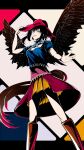  1girl bandana bangs black_hair black_wings blue_shirt boots breasts bright_pupils brown_footwear feet_out_of_frame flat_color from_below grin hair_between_eyes hand_on_headwear highres horse_tail kurokoma_saki legs_apart looking_at_viewer millzyuron parted_lips pegasus_wings pink_headwear plaid plaid_shirt pleated_skirt purple_skirt red_eyes shirt short_hair short_sleeves simple_background skirt small_breasts smile solo standing tail touhou white_pupils wings yellow_skirt 