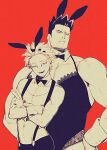  2boys alternate_costume animal_ears bare_shoulders beard black_leotard boku_no_hero_academia bow bowtie crossdressinging detached_collar facial_hair fake_animal_ears hawks_(boku_no_hero_academia) head_tilt large_pectorals leotard male_cleavage male_focus male_playboy_bunny mature_male monochrome multiple_boys muscular muscular_male rabbit_ears red_theme scar scar_across_eye short_hair sideburns smug spiky_hair stubble suspenders todoroki_enji u2suke wrist_cuffs 