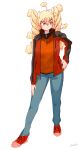  1girl absurdres ahoge blonde_hair blue_pants blush braid closed_mouth contrapposto denim full_body hair_between_eyes hand_on_hip highres jacket jeans mofu_mofuko_(ryusei_hashida) open_clothes open_jacket orange_shirt original pants red_footwear red_jacket ryusei_hashida shirt shoes signature simple_background solo twin_braids twintails white_background yellow_eyes 