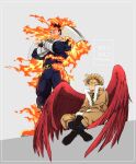  2boys armor blonde_hair blue_bodysuit bodysuit boku_no_hero_academia boots bulge covered_abs crossed_arms facial_hair feathered_wings fire hawks_(boku_no_hero_academia) highres male_focus mature_male multiple_boys muscular muscular_male pauldrons popo_take red_wings redhead scar scar_across_eye short_hair shoulder_armor sideburns sitting spiky_hair standing stubble thick_thighs thighs todoroki_enji vambraces wings 