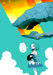  ... 1girl blue_background blue_hair closed_eyes clouds commentary_request dress feet_out_of_frame hands hasshaku-sama hat holding holding_clothes holding_hat kumoi_ichirin long_sleeves medium_hair smile spoken_ellipsis touhou unzan white_dress wide_sleeves yt_(wai-tei) 