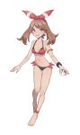  1girl absurdres bangs bare_shoulders bikini blue_eyes breasts brown_hair collarbone full_body hairband halterneck highres holding holding_poke_ball kiritzugu looking_at_viewer may_(pokemon) navel open_mouth poke_ball poke_ball_(basic) pokemon simple_background smile solo swimsuit white_background 