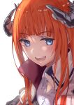  1girl arknights bagpipe_(arknights) bangs blue_eyes blunt_bangs close-up collared_shirt dai00888 eyebrows_visible_through_hair highres horns jacket looking_back open_mouth orange_hair shirt sidelocks simple_background solo upper_teeth white_background white_jacket white_shirt 