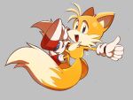  1boy :d animal_nose blue_eyes commentary_request floating fox_boy full_body gloves grey_background male_focus misuta710 multiple_tails open_mouth red_footwear simple_background smile snout sonic_(series) tail tails_(sonic) thumbs_up two_tails white_gloves 