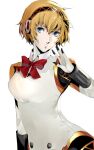 1girl aegis_(persona) android blonde_hair blue_eyes bow bowtie breasts hairband highres joints lips looking_at_viewer persona persona_3 pertex_777 robot robot_joints short_hair simple_background solo white_background 