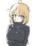  1girl ahoge arms_under_breasts bandaid bandaid_on_face black_sweater breasts commentary_request crossed_arms grey_eyes kantai_collection large_breasts looking_at_viewer mouth_hold oboro_(kancolle) orange_hair short_hair sweater tatahai 