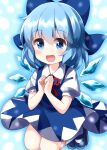  1girl blue_eyes blue_footwear blue_hair blush bow cirno eyebrows_visible_through_hair hands_together ice ice_wings looking_at_viewer open_mouth puffy_short_sleeves puffy_sleeves ruu_(tksymkw) short_sleeves simple_background smile socks solo touhou wings 