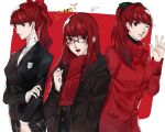  1girl arm_up black_bow black_ribbon black_suit bow breasts brown_coat buttons closed_mouth coat hair_bow hair_ribbon highres lips long_hair one_eye_closed open_mouth persona persona_5 persona_5_the_royal pertex_777 ponytail red_background red_bow red_coat red_eyes red_ribbon red_scarf redhead ribbon scarf school_uniform shirt shuujin_academy_uniform simple_background solo waving white_shirt yoshizawa_kasumi 