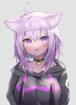  1girl :3 :d absurdres ahoge animal_collar animal_ear_fluff animal_ears bangs black_collar black_hoodie blush cat_ears collar drawstring eyelashes grey_background hair_between_eyes higashigure highres hololive hood hoodie long_sleeves looking_at_viewer nekomata_okayu open_mouth purple_hair sana_channel short_hair smile solo strap upper_body violet_eyes virtual_youtuber 