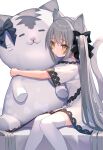  1girl animal_ear_fluff animal_ears black_bow blush bow cat_ears cat_tail closed_mouth dress feet_out_of_frame frilled_dress frills hair_bow heart highres long_hair looking_at_viewer object_hug original rk_(rktorinegi) short_sleeves silver_hair simple_background sitting solo stuffed_animal stuffed_cat stuffed_toy tail thigh-highs twintails very_long_hair white_background white_dress white_legwear yellow_eyes zettai_ryouiki 
