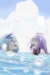 2girls ^_^ bangs blue_hair closed_eyes clouds eyebrows_visible_through_hair feather_hair_ornament ghett0taku highres hololive hololive_english hololive_indonesia laughing leaning_back looking_up mori_calliope multiple_girls open_mouth partially_submerged pavolia_reine pink_hair shoulders sky tiara white_background 