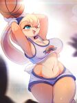  1girl animal_ears armpits arms_up ball basketball blush body_fur breasts clothes_writing commentary english_commentary furry gloves green_eyes highres holding holding_ball large_breasts lola_bunny looney_tunes midriff navel one_eye_closed open_mouth rabbit_ears solo space_jam stomach sweat teeth upper_teeth white_gloves whooo-ya 