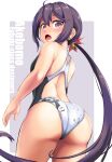  1girl absurdres akebono_(kancolle) ass bell character_name commentary_request competition_swimsuit cowboy_shot flower from_behind grey_eyes grey_hair hair_bell hair_flower hair_ornament highres jingle_bell kantai_collection long_hair looking_at_viewer looking_back one-piece_swimsuit open_mouth side_ponytail solo standing swimsuit two-tone_swimsuit very_long_hair yellow_quokka 