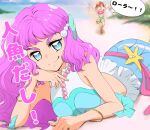  2girls bare_shoulders beach blue_eyes blue_sky blurry blurry_background blush bracelet brown_hair chibi closed_mouth clouds commentary crop_top day doyagao green_shorts hair_ornament head_rest highres jewelry laura_(precure) long_hair looking_at_viewer lying mermaid midriff monster_girl multiple_girls natsuumi_manatsu necklace on_stomach outdoors palm_tree pearl_hair_ornament pearl_necklace pink_hair precure running sand shirt shorts side_ponytail sky sleeveless smile smug tree tropical-rouge!_precure uta_(yagashiro25) waving white_shirt 