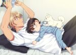  2boys amuro_tooru animal arms_up bangs barefoot bed bedroom black-framed_eyewear black_pants blonde_hair blue_eyes blue_pajamas blurry blush book brown_hair child closed_mouth commentary_request depth_of_field dog edogawa_conan feet from_side glasses hair_between_eyes haro_(meitantei_conan) height_difference holding holding_book indoors k_(gear_labo) looking_at_another lying lying_on_person male_focus meitantei_conan multiple_boys on_back on_bed on_stomach open_book open_mouth pajamas pants pillow shirt short_hair short_sleeves striped striped_pajamas tongue tongue_out vertical_stripes white_dog white_shirt 