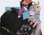  2boys all_might ametaro_(ixxxzu) black_hair blue_eyes boku_no_hero_academia burn_scar cheek_piercing dabi_(boku_no_hero_academia) endeavor_(boku_no_hero_academia) floral_print grey_hair hair_bun highres japanese_clothes kimono looking_at_viewer male_focus mask mask_on_head medium_hair multiple_boys multiple_scars print_kimono red_eyes scar scar_on_face shigaraki_tomura short_hair simple_background spiky_hair staple stapled white_background wrinkled_skin yukata 