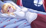  1girl ahoge arcueid_brunestud arm_behind_head arm_up arms_up bangs bed blonde_hair breasts full_moon large_breasts looking_at_viewer lying moon on_back purple_skirt red_eyes rinko_riban short_hair skirt smile solo sweater tsukihime white_sweater 