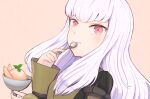  1girl ayan_(pixiv46456904) bangs black_jacket commentary_request cup fire_emblem fire_emblem:_three_houses food garreg_mach_monastery_uniform hand_up holding holding_cup holding_spoon ice_cream jacket juliet_sleeves long_hair long_sleeves looking_at_viewer lysithea_von_ordelia pink_background pink_eyes puffy_sleeves silver_hair simple_background solo spoon upper_body 