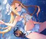  1girl abigail_williams_(fate) abigail_williams_(swimsuit_foreigner)_(fate) absurdres bangs bare_shoulders bikini black_cat blonde_hair blue_eyes blue_sky blush bonnet bow breasts cat dezhouyou_touguigui fate/grand_order fate_(series) forehead hair_bow highres long_hair miniskirt navel parted_bangs sidelocks skirt sky small_breasts swimsuit twintails very_long_hair water white_bikini white_bow white_headwear 