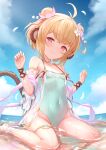  1girl :3 ahoge andira_(granblue_fantasy) animal_ears bare_shoulders barefoot beach blonde_hair blue_sky blush breasts closed_mouth clouds collarbone covered_navel day double_bun erune eyebrows_visible_through_hair flower granblue_fantasy hair_flower hair_ornament hands_up highleg highres in_water kimblee looking_at_viewer monkey_ears monkey_tail ocean one-piece_swimsuit outdoors petals red_eyes revision sitting sky small_breasts smile solo swimsuit tail thighs wariza wet 