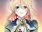  1girl bangs blonde_hair blue_jacket crying crying_with_eyes_open eyebrows_visible_through_hair hair_between_eyes hair_ribbon jacket looking_at_viewer medium_hair open_mouth portrait red_ribbon ribbon shiny shiny_hair shumiko_(kamenokoueki) solo tears violet_evergarden violet_evergarden_(character) wavy_mouth white_neckwear 