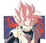  1boy 2020 arm_at_side artist_name black_shirt blue_background border bright_pupils commentary dragon_ball dragon_ball_super earrings english_commentary english_text evil_smile fenyon fingernails goku_black grey_shirt hand_up highres jewelry long_sleeves looking_at_viewer looking_up male_focus pink_hair potara_earrings ring shirt sidelighting simple_background single_earring sleeveless sleeveless_shirt smile spiky_hair super_saiyan super_saiyan_rose thank_you upper_body white_border white_pupils 