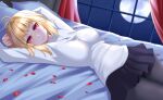  1girl ahoge arcueid_brunestud arm_behind_head arm_up arms_up bangs bed blonde_hair breasts full_moon large_breasts looking_at_viewer lying moon on_back pleated_skirt red_eyes rinko_riban short_hair skirt smile solo sweater tsukihime white_sweater 