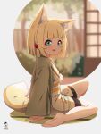  1girl :d animal_ear_fluff animal_ears arm_support bangs barefoot bike_shorts black_shorts blonde_hair blue_eyes blunt_bangs blush commentary_request eyebrows_visible_through_hair fox_ears fox_girl fox_tail grey_background highres japanese_clothes kimono kuro-chan_(kuro_kosyou) kuro_kosyou long_sleeves looking_at_viewer looking_to_the_side obi open_clothes open_mouth original sash short_eyebrows short_shorts shorts sitting smile soles solo tail thick_eyebrows wariza white_kimono wide_sleeves 