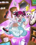  1girl alice_(alice_in_wonderland) alice_(alice_in_wonderland)_(cosplay) alice_in_wonderland apron black_bow bloomers blue_dress bow candy_(smile_precure!) clock cosplay cup dress drill_hair full_body highres hoshizora_miyuki long_hair mary_janes mirror official_art open_mouth pink_bow pink_eyes pink_footwear pink_hair precure precure_connection_puzzlun shoes smile smile_precure! solo stool teacup third-party_source twin_drills underwear white_bloomers 