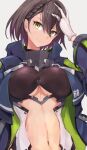  1girl ahoge azur_lane baltimore_(azur_lane) bangs blue_coat braid breasts brown_hair center_opening closed_mouth clothing_cutout coat commentary crop_top french_braid gloves hair_between_eyes hand_on_own_head hand_up head_tilt highres hood hood_down hooded_coat large_breasts long_sleeves looking_at_viewer marshall_k multicolored_coat navel number open_clothes open_coat short_hair sidelocks simple_background smile solo standing stomach stomach_cutout taut_clothes under_boob underboob_cutout upper_body white_background white_gloves yellow_eyes 