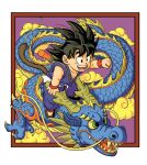  1boy :d animal black_eyes black_footwear black_hair border clenched_hand clouds collarbone dougi dragon dragon_ball dragon_ball_(classic) dragon_riding facing_viewer fingernails floating_hair full_body green_eyes happy highres horns looking_afar male_focus monkey_tail nyoibo open_mouth outside_border outstretched_hand purple_background riding shaded_face sharp_teeth shoes simple_background smile son_goku spiky_hair standing tail teeth toriyama_akira_(style) wangsen578 weapon whiskers white_border wristband 