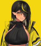  1girl black_hair blonde_hair breasts crop_top dark_elf dark_skin elf hair_over_one_eye jacket large_breasts lilith_(lilycious) lilycious looking_at_viewer looking_to_the_side mask mole mole_on_breast mole_under_mouth mouth_mask multicolored_hair multiple_moles original pointy_ears sharp_teeth smile solo streaked_hair tan teeth upper_body yellow_background yellow_eyes yellow_jacket 