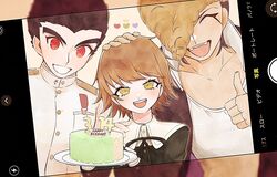  3boys :d bangs black_coat black_hair black_ribbon brown_eyes brown_hair cake closed_eyes coat commentary_request dangan_ronpa:_trigger_happy_havoc dangan_ronpa_(series) dated fangs food fujisaki_chihiro gakuran grin hand_on_another&#039;s_head happy_birthday hat heart highres holding holding_plate ishimaru_kiyotaka jacket male_focus multicolored_hair multiple_boys oowada_mondo open_mouth pale_skin phone_screen plate pompadour red_eyes ribbon school_uniform selfie short_hair smile thumbs_up tsuna_(tuna1440) two-tone_hair upper_body white_jacket 