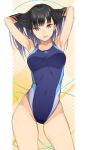  1girl armpits arms_up bangs black_hair breasts brown_eyes competition_swimsuit cowboy_shot fitness_boxing highleg highleg_swimsuit highres long_hair looking_at_viewer medium_breasts one-piece_swimsuit open_mouth serizawa_(serizawaroom) solo swimsuit 