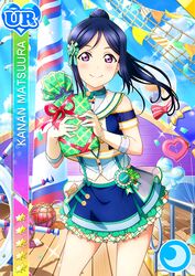  blue_hair blush character_name dress long_hair love_live!_school_idol_festival love_live!_sunshine!! matsuura_kanan ponytail smile violet_eyes 