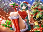  1girl arm_support bangs bare_shoulders bell boots bow box breasts choker christmas christmas_ornaments christmas_tree closed_mouth commentary_request delsaber dress earrings english_text eyebrows_visible_through_hair fingerless_gloves fingernails fire_emblem fire_emblem:_the_blazing_blade full_body fur_trim gift gift_box gloves green_eyes green_hair hat holding jewelry knee_boots lips long_hair lyn_(fire_emblem) medium_breasts merry_christmas pom_pom_(clothes) red_dress red_footwear red_gloves santa_costume santa_hat shiny shiny_hair short_dress simple_background sleeveless smile snow snowing solo sparkle star_(symbol) star_earrings thighs very_long_hair wooden_floor 