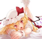  1girl blonde_hair blurry blush commentary_request depth_of_field fang flandre_scarlet foreshortening hat hat_ribbon head_tilt highres honotai long_hair looking_at_viewer lying mob_cap on_stomach open_mouth red_eyes red_ribbon red_skirt ribbon shirt short_sleeves signature simple_background skin_fang skirt socks solo touhou twitter_username white_background white_headwear white_legwear white_shirt wings wrist_cuffs 