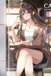  1girl aqua_eyes bangs black_shorts blush breasts brown_hair brown_jacket chair collarbone commentary_request crossed_legs cup disposable_cup drinking_straw eyebrows_visible_through_hair fingernails hand_on_table hand_up highres holding holding_cup iced_tea idolmaster idolmaster_cinderella_girls jacket jewelry legs long_hair long_sleeves looking_at_viewer medium_breasts open_clothes open_jacket pendant shibuya_rin shirt shorts sitting sleeves_pushed_up solo sutoroa table white_shirt 