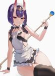  1girl adapted_costume alternate_costume apron bob_cut breasts commentary enmaided eyeliner fate/grand_order fate_(series) highres horns maid maid_apron maid_headdress makeup oni oni_horns oni_noodle pointy_ears purple_hair short_hair shuten_douji_(fate) sideboob small_breasts smile solo symbol_commentary violet_eyes wide_hips 