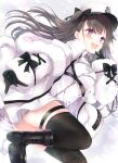  1girl azur_lane bangs black_bow black_footwear black_gloves black_legwear bow brown_hair coat fur-trimmed_coat fur_trim gloves hair_bow hat highres long_hair looking_at_viewer maya_(tirolpop) no_panties open_mouth pamiat_merkuria_(azur_lane) shoes solo thigh-highs violet_eyes white_headwear 